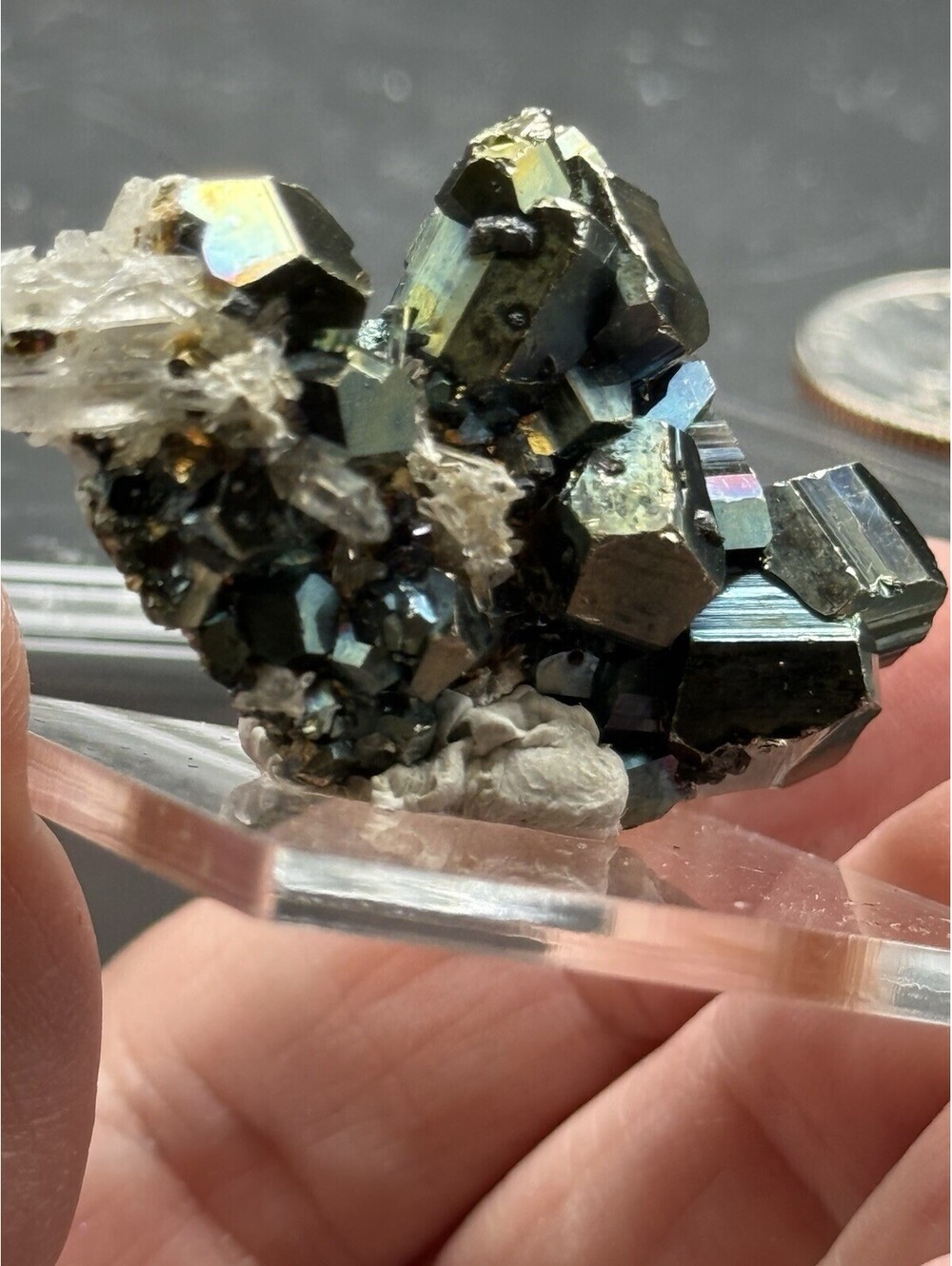 Naturally Iridescent Pyrite on Quartz Crystal Specimen Indonesia